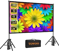 TOWOND Projector Screen with Stand,120 inches Indoor Projector Screen Outdoor Portable 16:9 4K HD Rear Front Projection Movie Screen with Carry Bag Wrinkle-Free Design for Backyard Theater