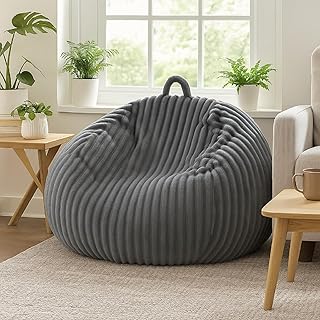 Honeydak Ribbed Rabbit Fur Stuffed Animal Storage Bean Bag Chair Cover (No Filler) Comfy Bean Bag Cover Without Filling or Home Bedroom Decor Organizing Plush Doll Textile Holder(Light Gray, L)