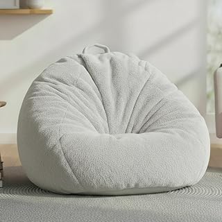 Faux Rabbit Fur Bean Bag Chair Cover Only (No Filler), Stuffed Animal Storage Bean Bag Cover, Ultra‑Soft, Washable, Zippered, Non‑Slip Bottom, Handle,Living Room Furniture for Adults Grey
