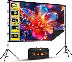 Outdoor Projector Screen with Stand, TOWOND 120 inch Portable Projector Screen Black Backing, Indoor Projection Screen 16:9 4K HD Wrinkle-Free Movie Screen with Carry Bag for Backyard Movie Night