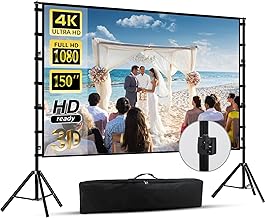 150"-Projector-Screen-with-Stand,HUANYINGBJB Outdoor Projection Screen, Portable 16:9 4K HD Rear Front Movie Screen with Carry Bag for Theater Backyard Movie Night,Cinema School, Churches, Parties